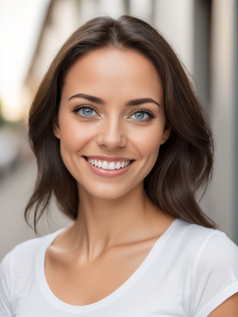 Uma mulher brasileira, de olhos azulados e cinzentos, não muito claros, com um lindo e leve sorriso. A mulher está com uma camiseta branca e ela não olha diretamente para a camera.