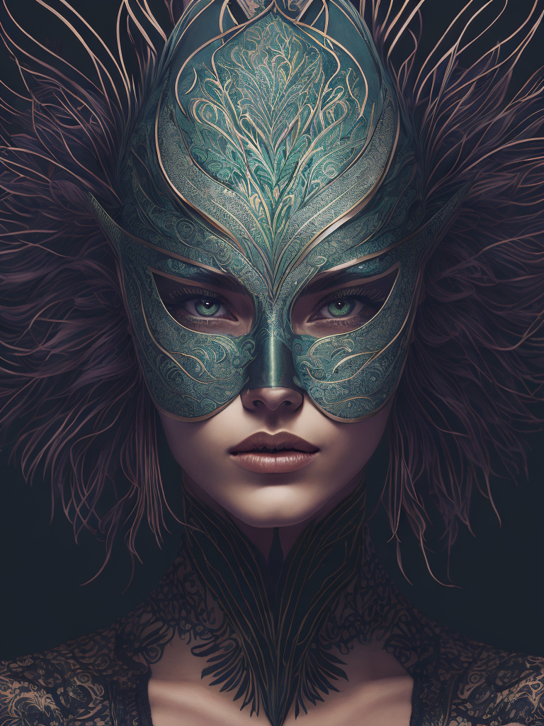Centered detailed portrait of a masked woman wearing a venetian mask, vibrant peacock feathers, intricate, elegant, highly detailed, digital painting, artstation, smooth, sharp focus, illustration, illuminated lines, outrun, vaporware, intricate venetian patterns, cyberpunk darksynth, by audrey kawasaki and ilya kuvshinov and alphonse mucha