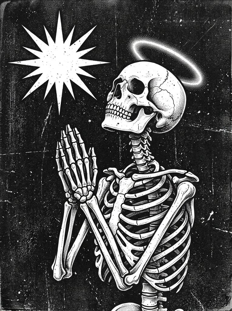 A high-contrast black and white illustration of a human skeleton from the waist up in a praying posture. The bony hands are clasped tightly together with the skull tilted upwards toward a jagged white starburst radiating in the upper left. A faint glowing halo hovers above the cranium. The artwork features a heavily distressed grunge texture with visible scratches, dust particles, and stipple shading against a stark dark background, resembling a vintage underground zine graphic.