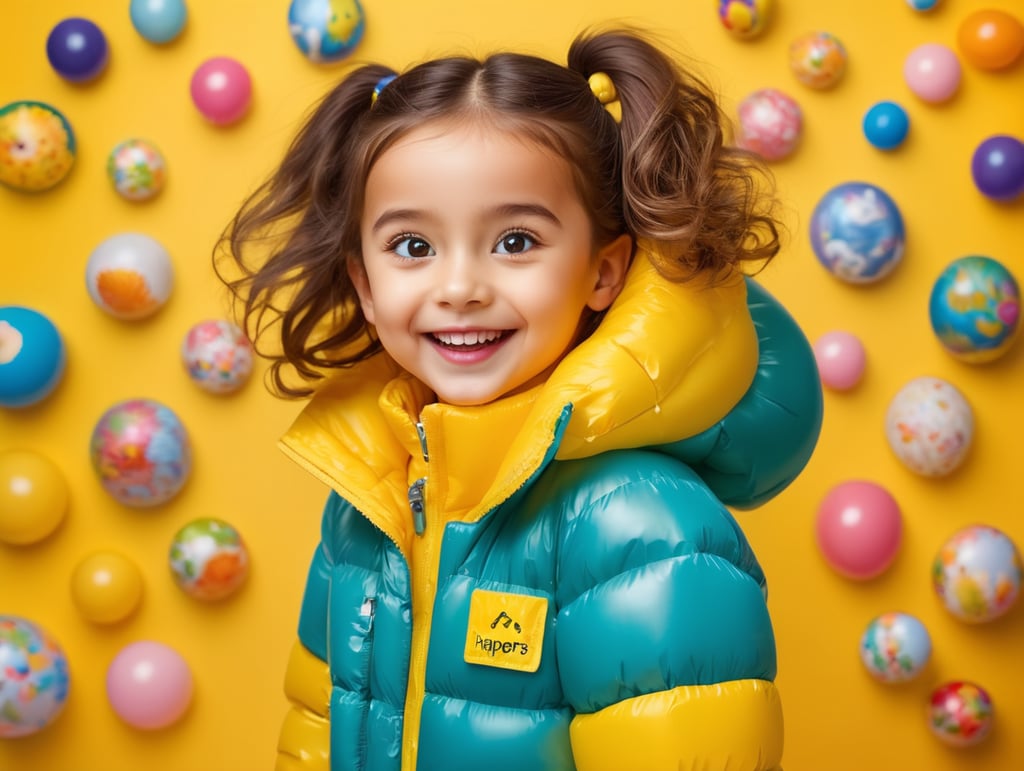 photo happy little girl going to travel, cute girl, dressed yellow inflatable puffer jacket, yellow background, harpers bizarre, cover, headshot, hyper realistic, vibrant colors