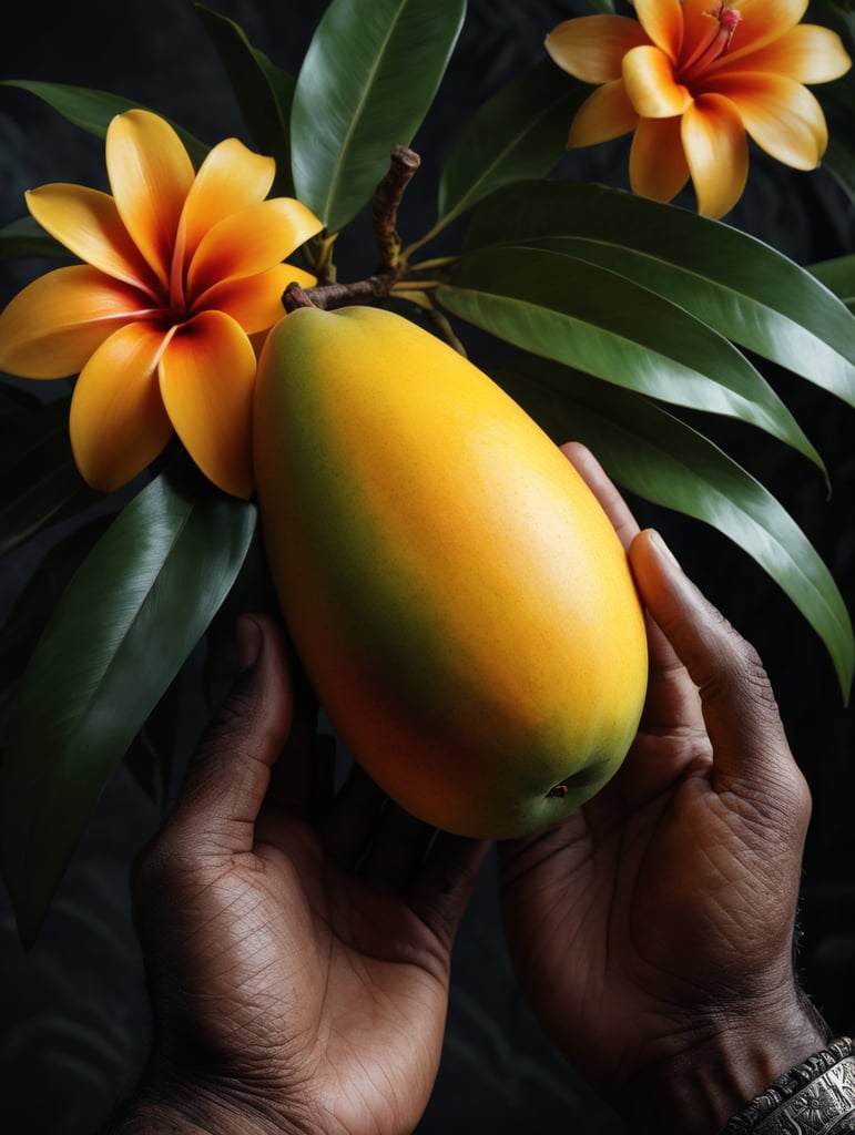 a hand holds a mango with a tropical flowers