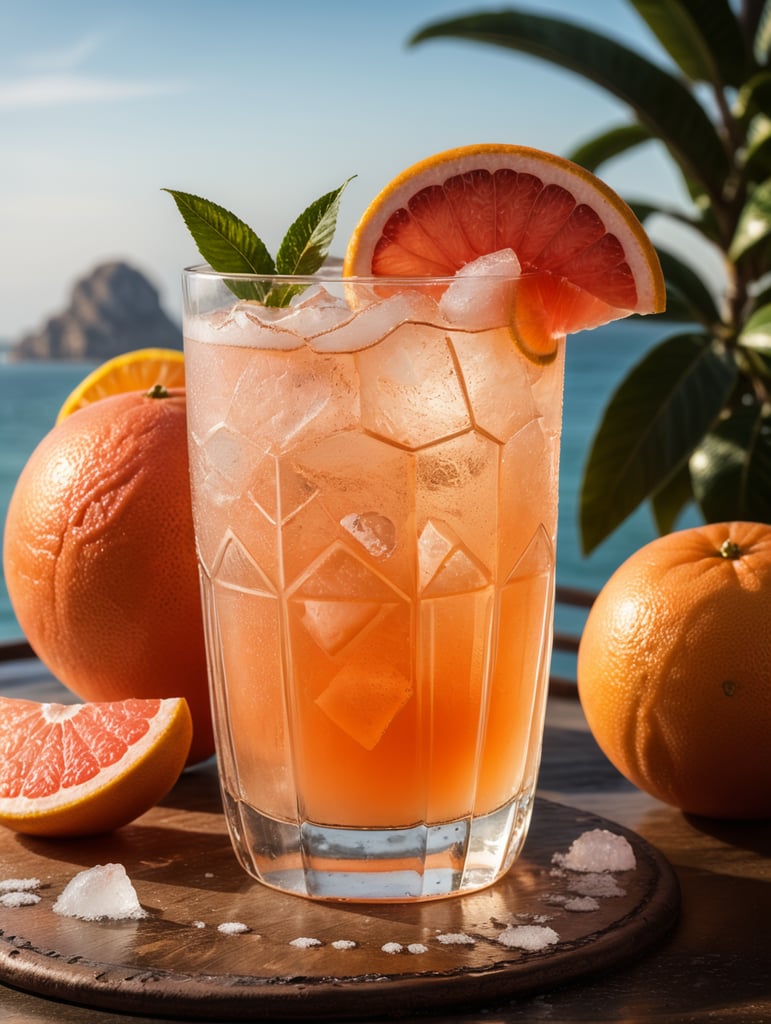Grapefruit juice cocktail, with ice cubes in the glass and a salt rim, amazing photo, very realistic, elegant and tasty, photography, condensation, f2.8, 50mm lens, intricately detailed, 8k, cinematic production, highly detailed, highly realistic, sunny mexico in the background