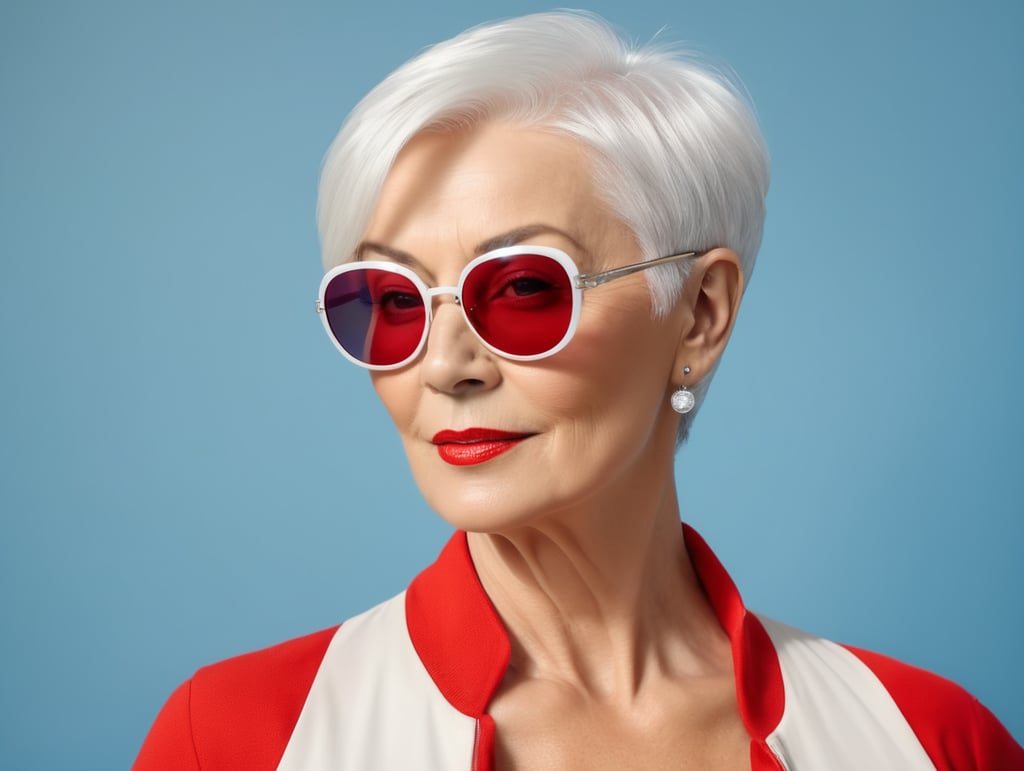 A portrait of a beautiful English older woman with white platinum short hair and big sunglasses, dressed all red, blue background, big cleavage, glamorous London portrait, highly realistic, women designer, very fashionable, colourful