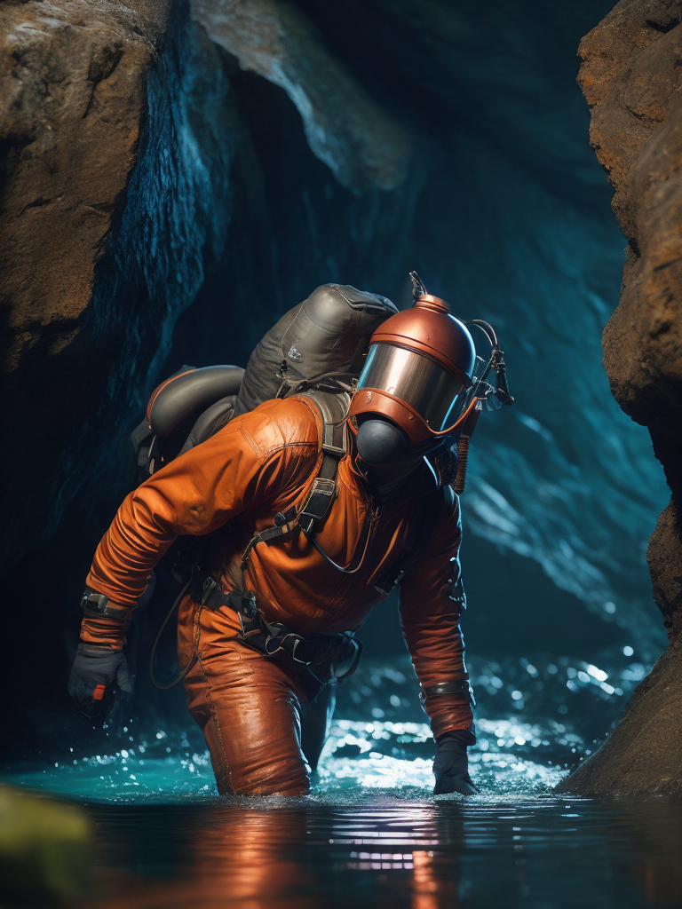 Man in a very old copper diving suit entering in the water of an underground cave river, copper, copper patina, Dramatic Lighting, Depth of field, Incredibly high detailed