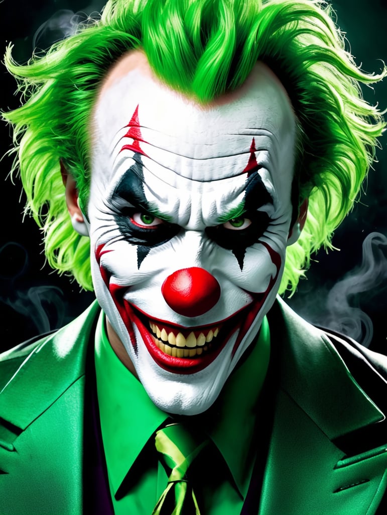 Créez un portrait surréaliste et très détaillé d'un personnage ressemblant au Joker, mais avec une touche d'originalité. Le personnage a un sourire sauvage et exagéré peint sur son visage avec un maquillage de clown vibrant, comprenant des lèvres rouges, de la peinture blanche pour le visage et des formes d'yeux audacieuses. Il est entouré d'une fumée verte fluo tourbillonnante qui se fond dans ses longs cheveux verts chaotiques. Le ton général doit être sombre, mais électrisant, avec un mélange d'esthétique de bande dessinée et d'art de rue moderne. L'éclairage doit créer des contrastes spectaculaires, avec des reflets brillants sur le visage et des ombres profondes, rendant le sourire encore plus sinistre. Gardez l'arrière-plan noir pour mettre en valeur les tons verts vibrants et les traits du visage saisissants du Joker. L'ambiance doit être rebelle, chaotique et légèrement inquiétante, capturant l'essence d'un méchant qui aime le chaos.