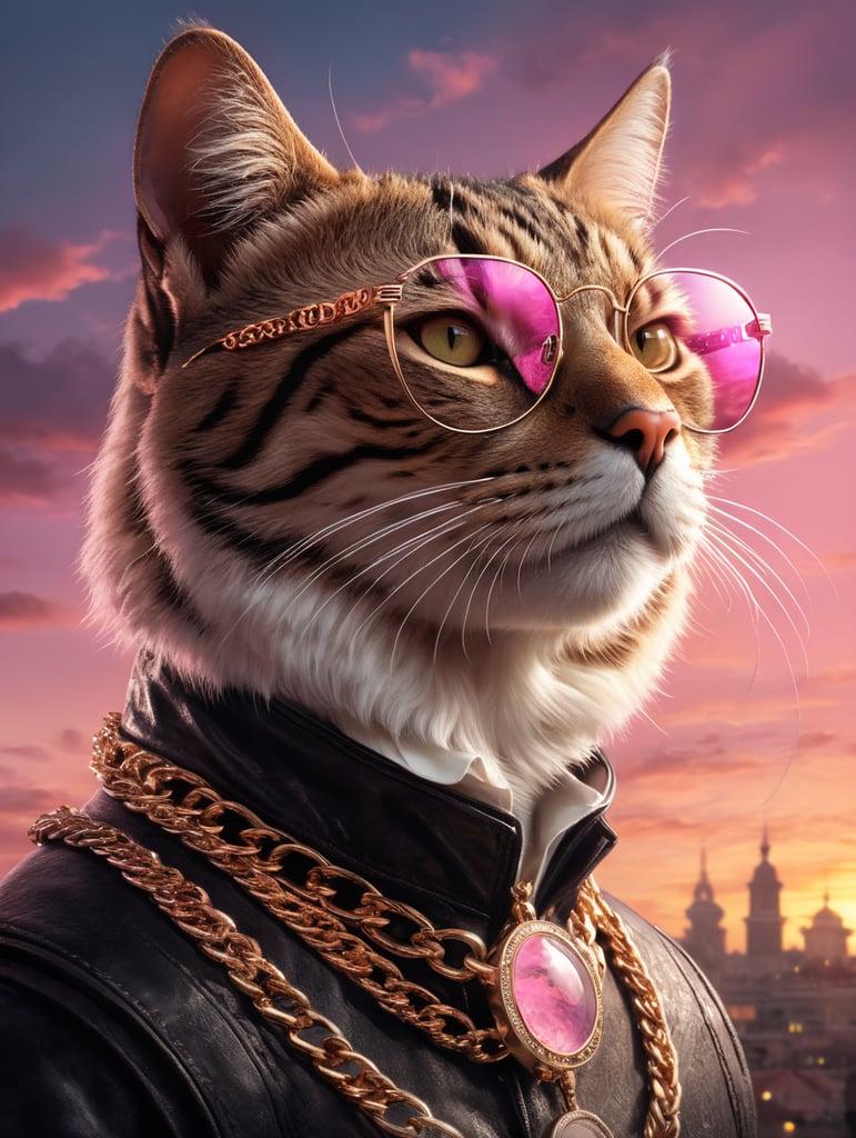 cat with glasses and gold chain in front of a pink sky