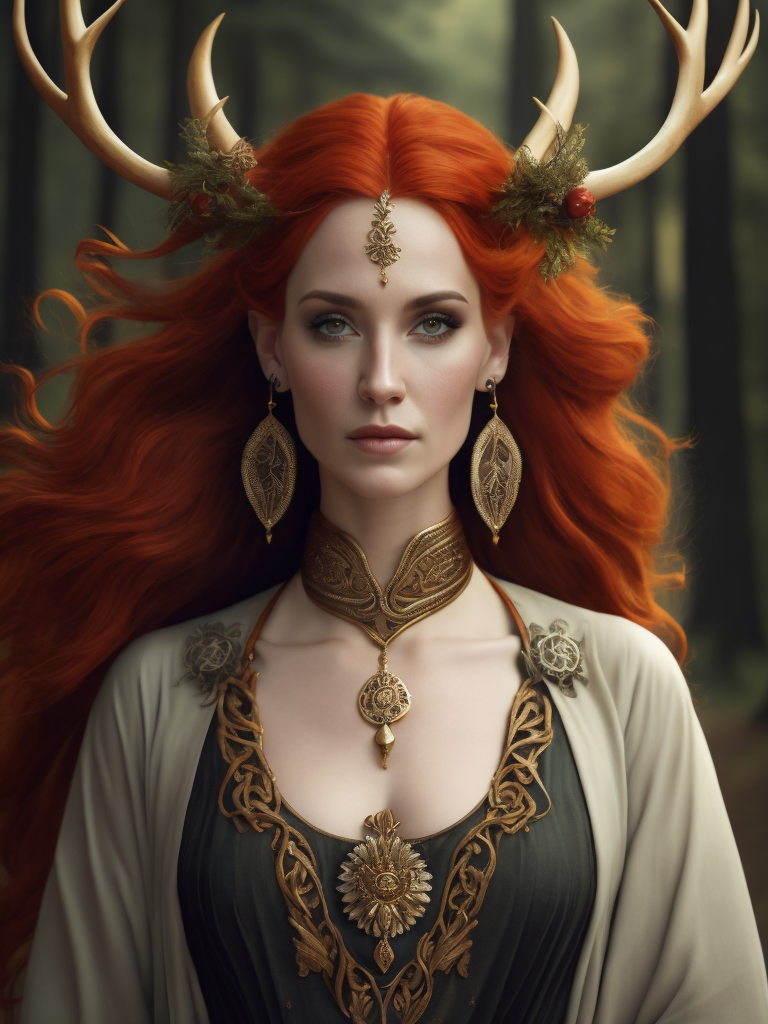celtic pagan red haired woman wearing antlers on her head, regal goddess, beautiful, in a forest, wearing ancient goddess robes with celtic embroidery, has a staff, dark evening background