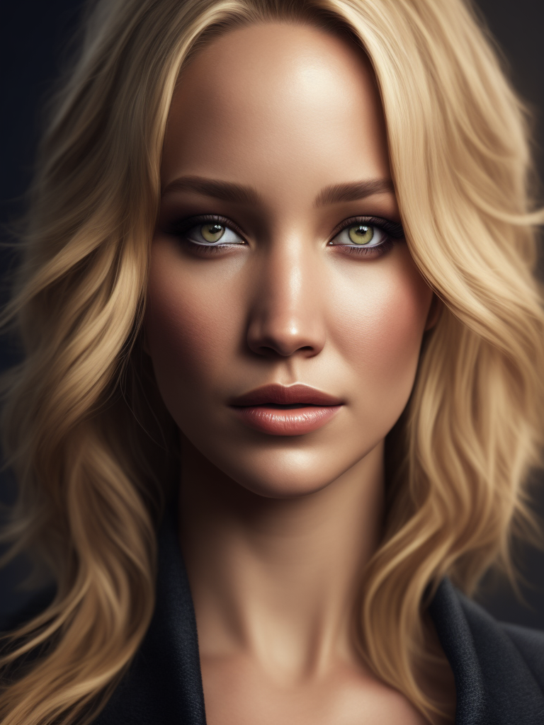 Portrait of Jennifer Lawrence, ultra realistic, blonde hair, bright makeup, detailed background