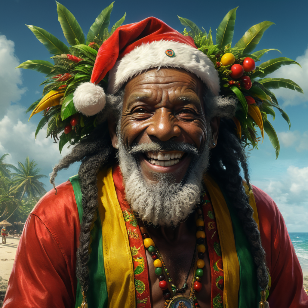 tropical smiling santa klaus black old man, rastaman, lee perry