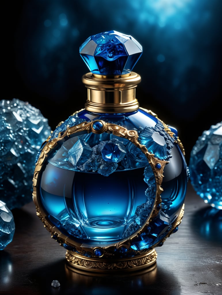 in the image a blue perfume bottle in the shape of an asteroid