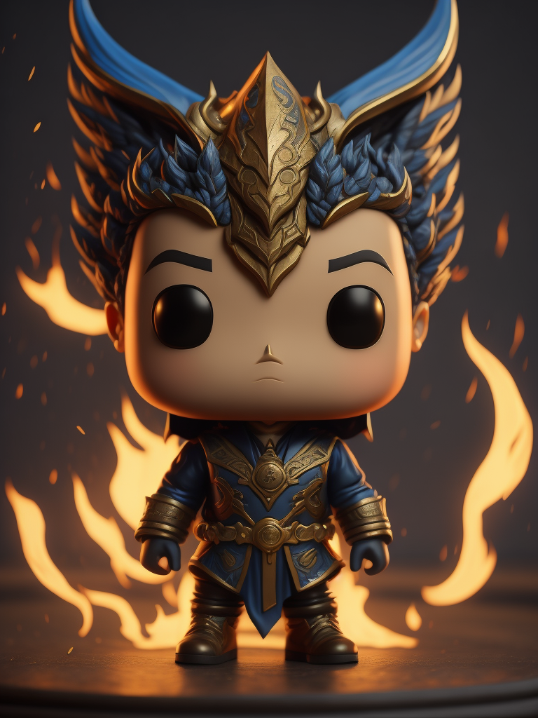 Full body 3d render of funko pop FIRE PHONIX IN blue JACKET, Indonesian face, smile