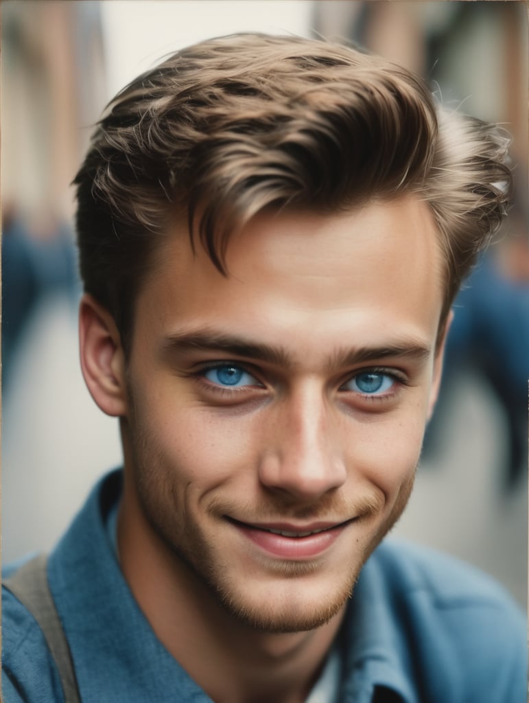 Portrait of a smiling young man, twenty years old with brown hair and blue eyes, looking past us, childish, moody atmosphere by Saul Leiter