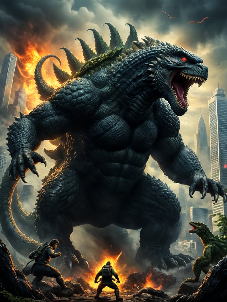 make a godzilla movie poster with him fighting a giant snake with small feet and hands and small wings on its back named godzilla vs reptilicus