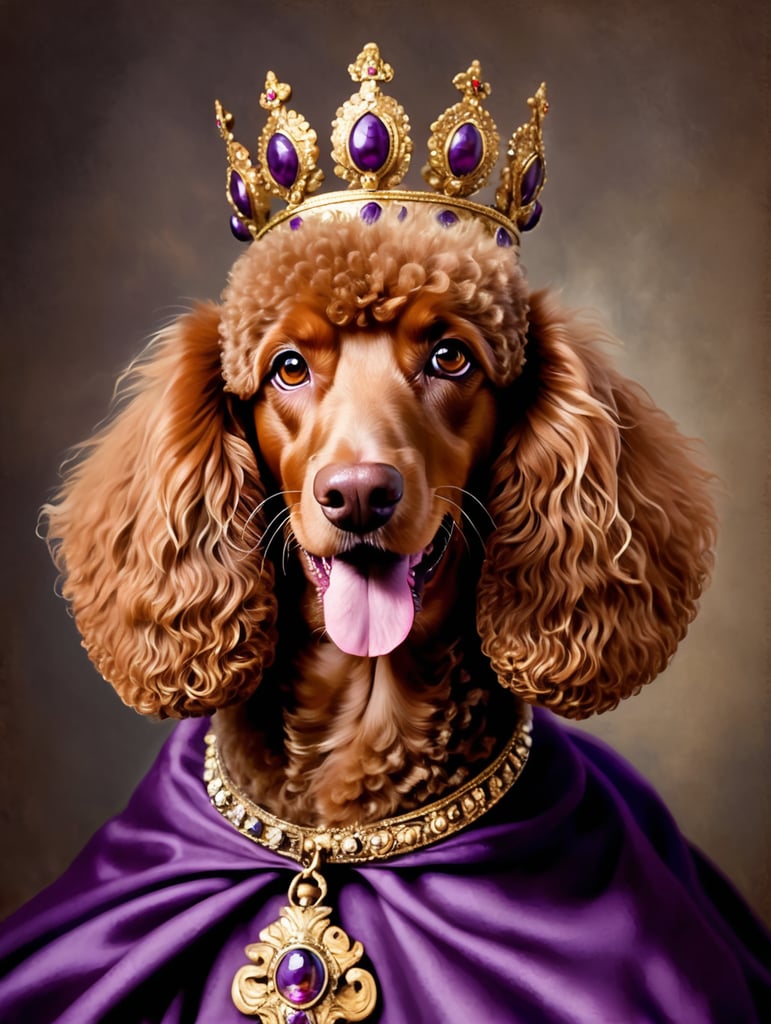 happy standard merele colored poodle smiling brown eyes royal dark purple cloak crown painted in Raphael style renaissance art brush strokes darker lighting dog portrait