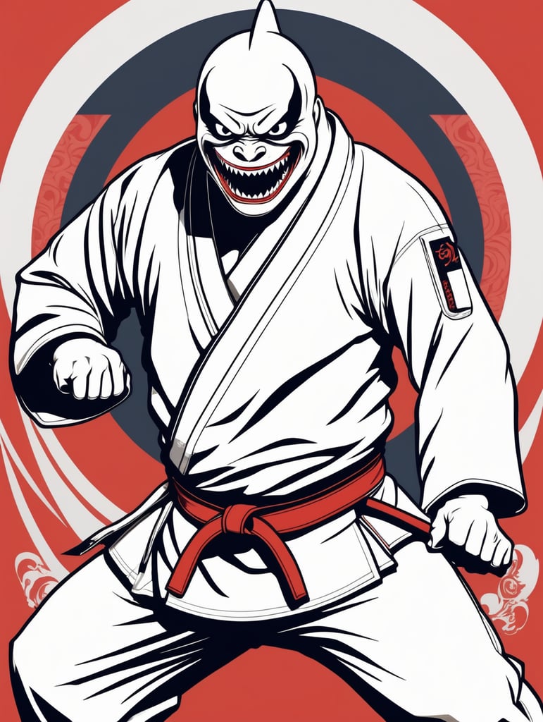 humanoid vector shark in judo kimono stay in action pose and angry face