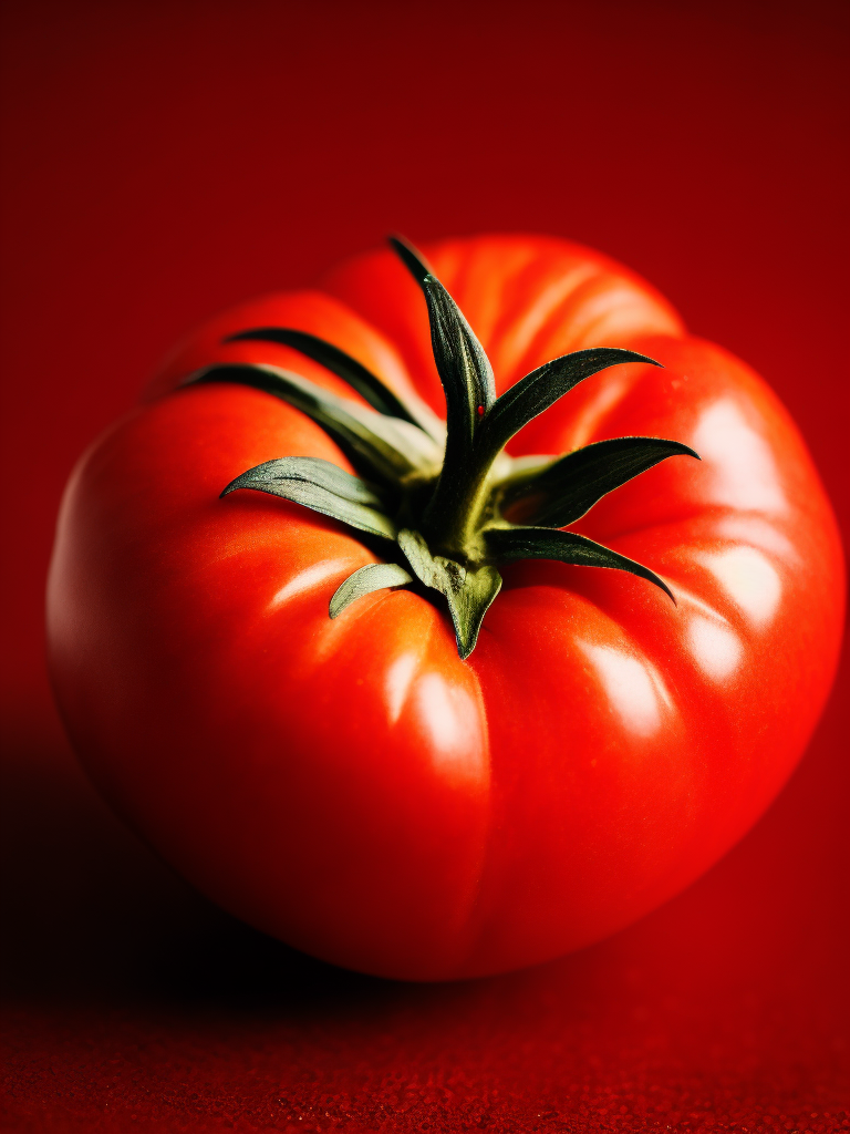 one tomato on a red background, highly detailed macro photo, magazine cover photo