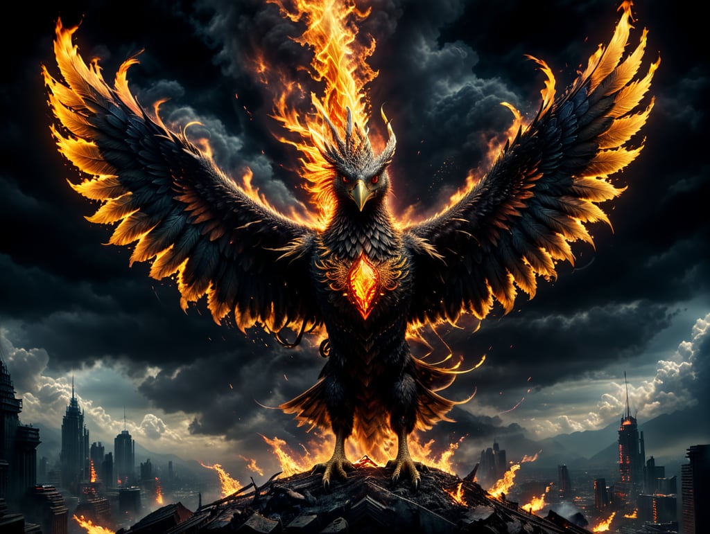 Fire phoenix bird with fiery wings, digital elements, computer symbols flies away from the wings. On a dark background.