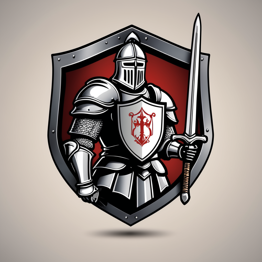 arafed knight with sword and shield logo design, strong fantasy knight, professional logo design, sword design, medieval knight, (((knight))), fantasy knight, holy crusader medieval knight, logo vector art, medieval holy crusader knight, armored knight, high quality character design, 3 d logo, logo design, knight, medieval fantasy game art, logo concept design, illustrated logo
