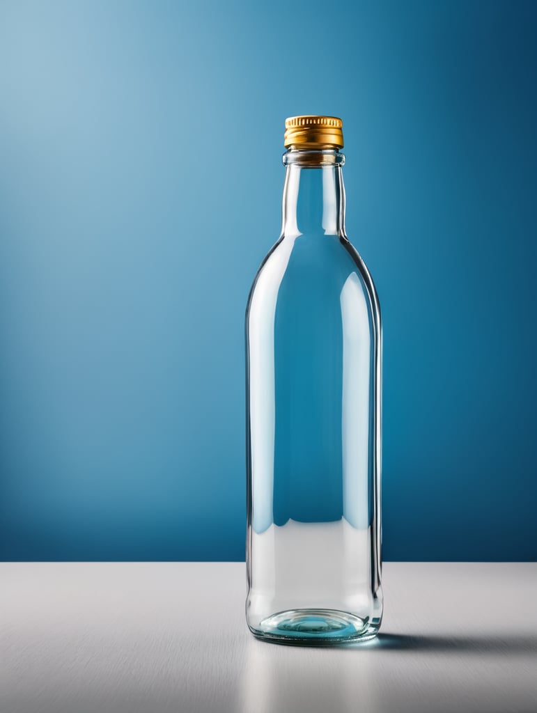 a transparent Glass Bottle, Empty, Clean, Clear, isolated, blue background