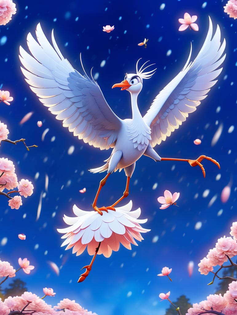 A Japanese crane flying in a blue night sky surrounded by falling cherry blossoms