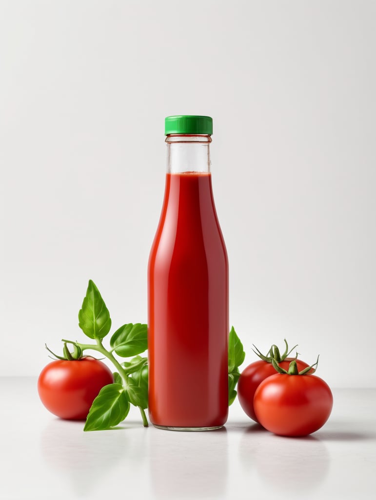 tomato ketchup bottle, red tomato with green leaves, isolated, white background, mockup