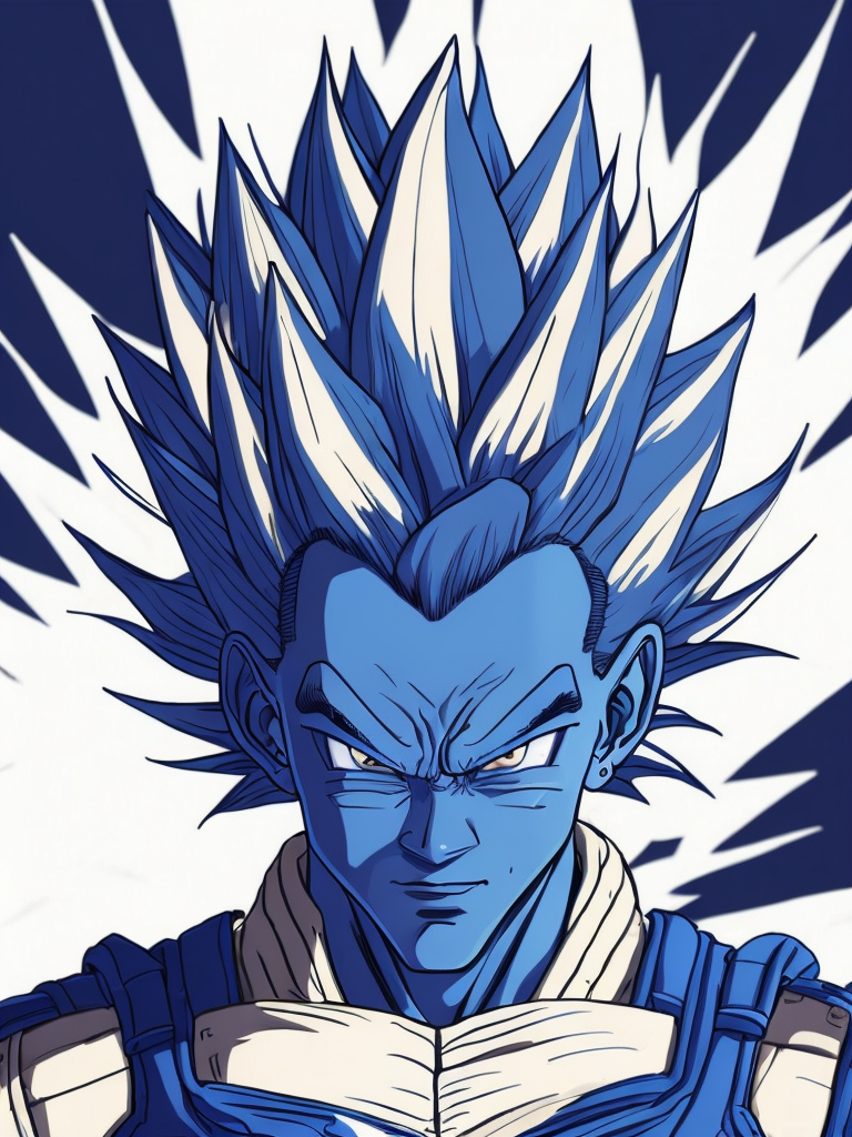 Will Smith as Dragon Ball character Vegeta, aggressive face, blue and white suit, spiky hairstyle, bright saturated colors, bright gradient background,