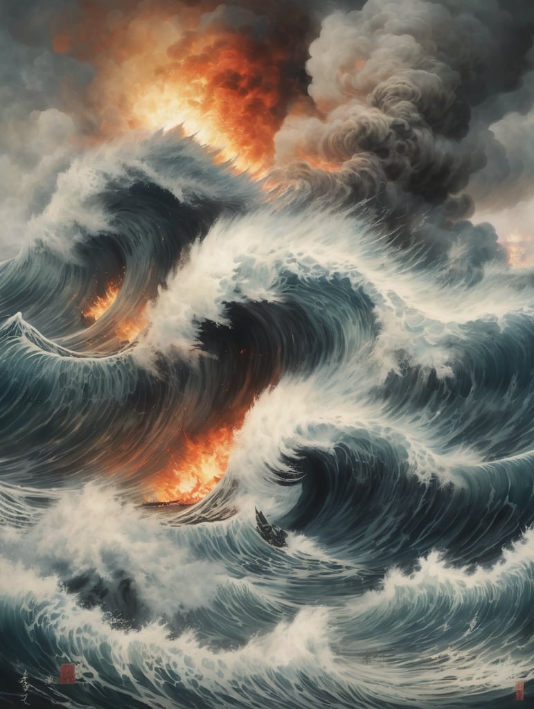 Epic photograph of an earthquake in Japan, large waves, destruction, fire, Japanese painting style