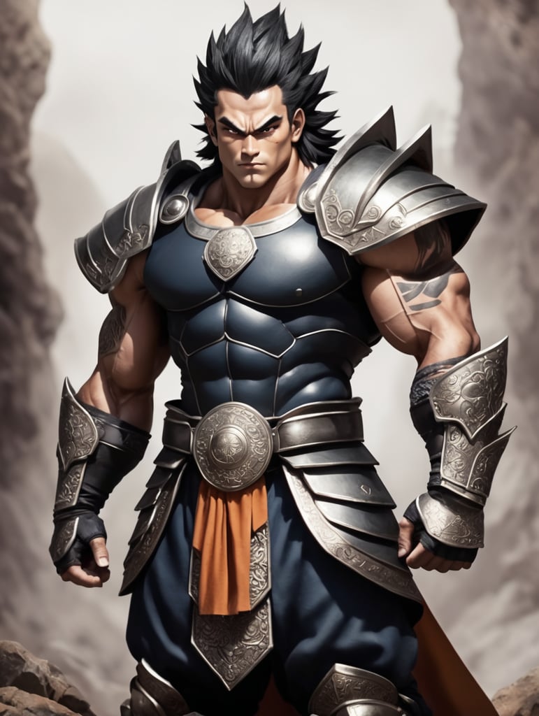Garlisk is a Saiyan with wild dark hair, piercing dark eyes, and a masculine-toned body. He often dons traditional Saiyan armor, showcasing his heritage and pride.