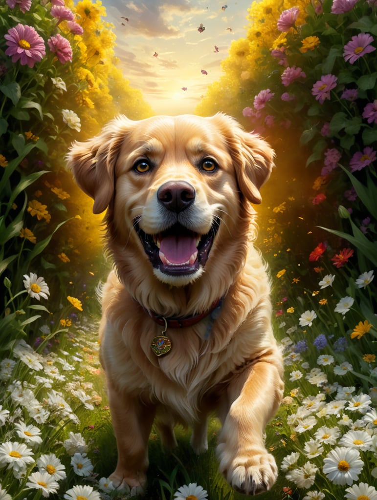 disney pixar movie poster with title'phi', a golden golden retriever with deep brown eyes with longer legs running in a field of flowers