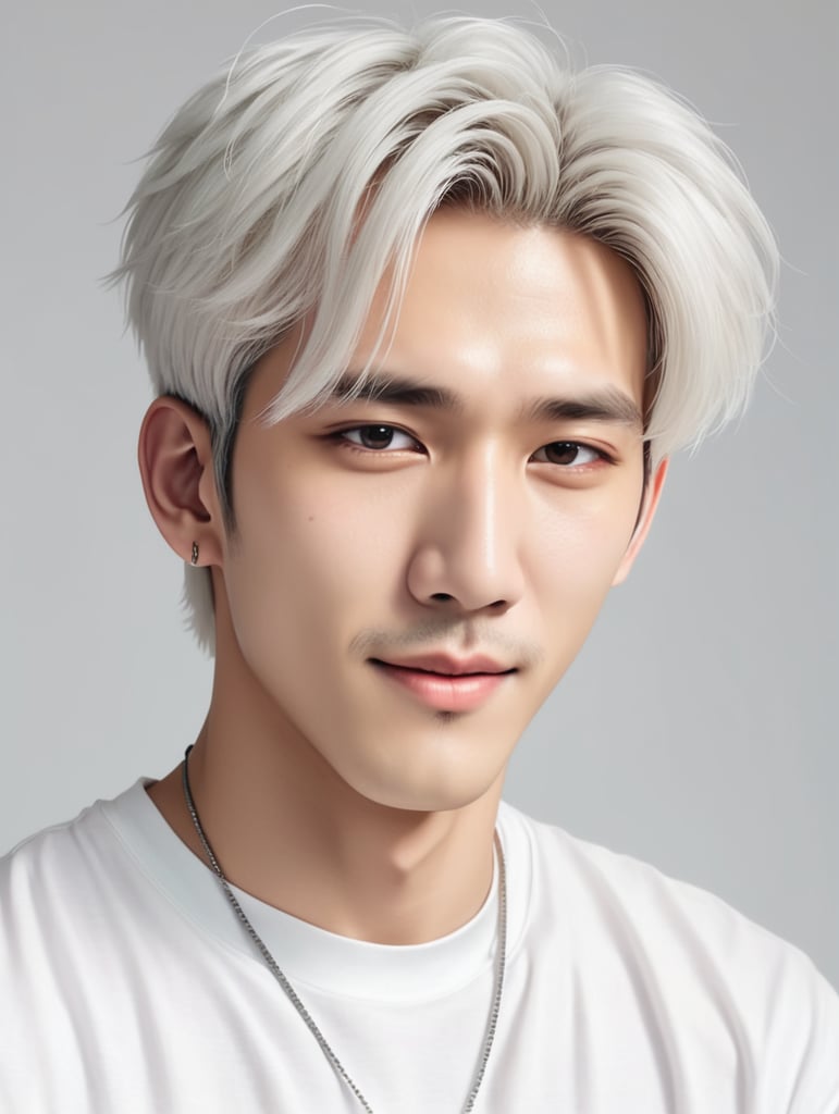 pretty Korean man,20s, very pale skin, small nose, white hair, medium length. Anime, manga, k-pop, popstar, baekhyun, white background, white t-shirt, cute, happy