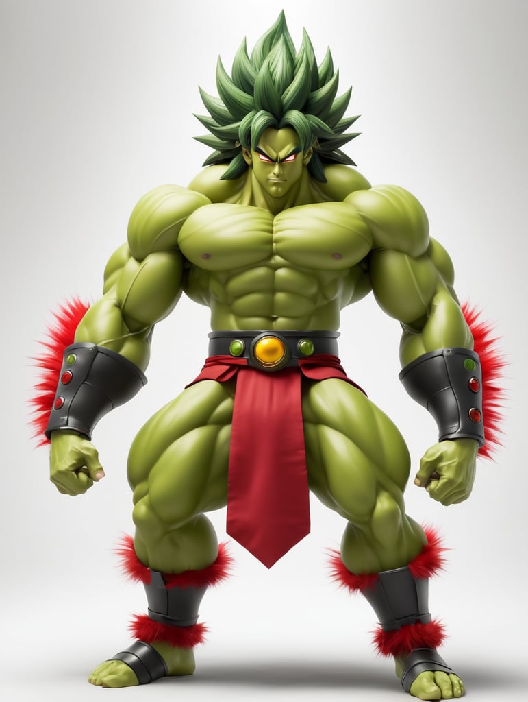 fullbody of a broly dragonball art style for Broly is a large, muscular Saiyan with a light skin complexion. He has black, spiky hair that reaches his mid-back, and short bangs framing his forehead. His eyes are a dark green color. Broly's head is his most distinctive feature. It is large and round, with a single, red eye in the center. The eye is surrounded by a yellow ring, and there is a small, black dot in the center of the ring. Broly's forehead is covered in a series of ridges, and he has two antennae that extend from his forehead. Broly's body is covered in a layer of green fur. He has four arms and four legs, and his muscles are well-defined. He has a tail that is about the same length as his body. Broly's skin is a light shade of green. His hair is black, and his eyes are dark green. His fur is also green, fullbody character