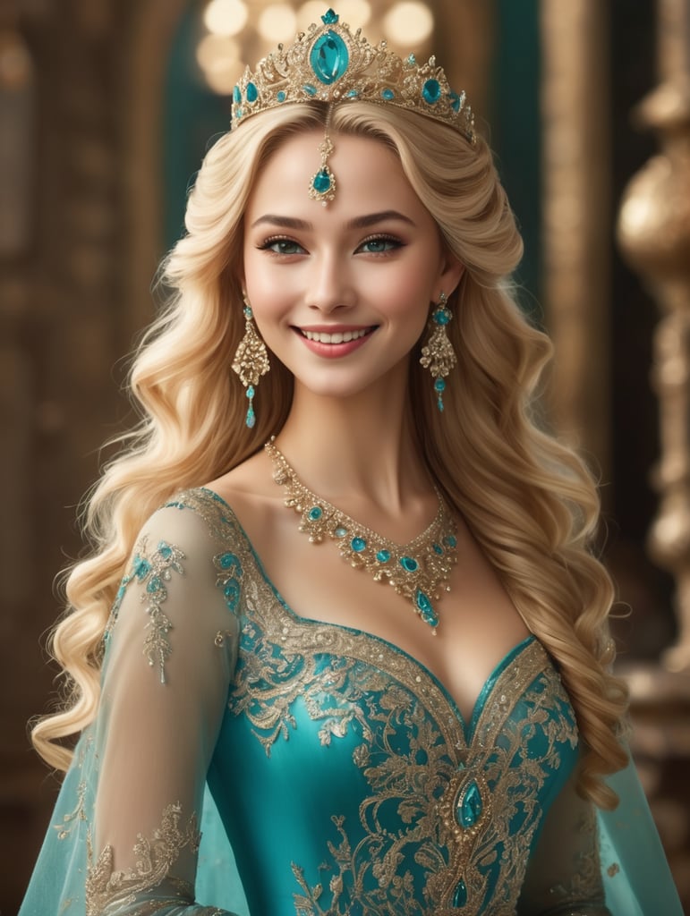 In vertical format. High-definition photography of a fantasy-style portrait of a princess with a radiant smile. She has long, golden hair elegantly styled in an updo, crowned with a delicate tiara on her forehead. Her attire is a luxurious, turquoise gown adorned with intricate details and embroidery that glistens subtly. Gracefully held in her arms are three clear glass bottles. The background of the image is a stark, pure white, emphasizing her regal and ethereal presence.