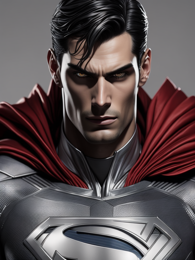 silver superman with laser from eyes shooting, precision in details, cinematic, bold, cartoonish lithographs, chrome reflections, energetic