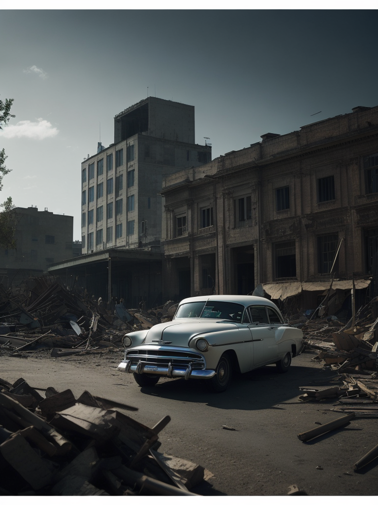 black and white photo of a 1952 Gray Chevrolet goes through bombed city, world war 2