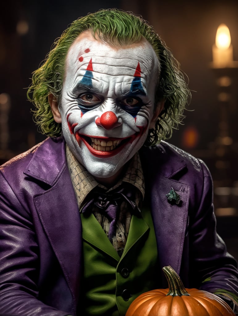 Joker as a little cute baby, Halloween, Vivid saturated colors, Contrast color