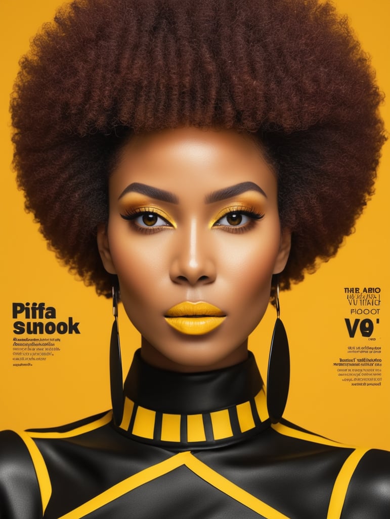Mujer africana con peinado afro, sesión de moda, sólo cara, fondo negro amarillo, fotografía de estudio, portada de revista, colores ultra brillantes