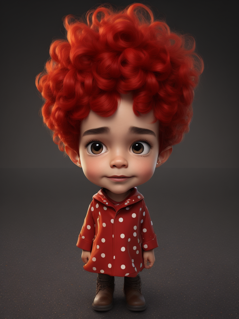 a little beautiful boy, Big Eyes, Button Nose, Small Mouth, Rosy Cheeks, Short Curly Hair, Polka Dot Dress, Red Raincoat and Boots, stands in the center, in 3D style, rendered using beautiful Disney animation, Pixar style, Disney style,