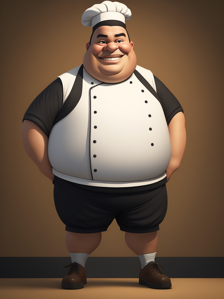 fat chef cartoon wearing shorts and smiling