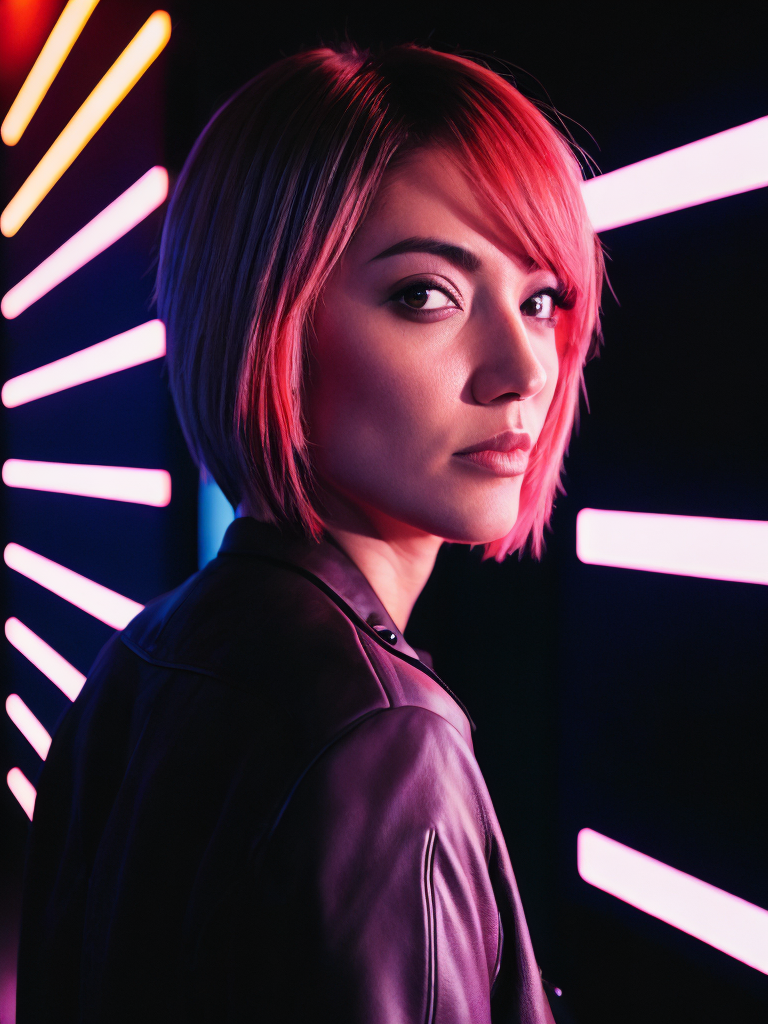 A women with a short black hair, stands near neon light illumination ad, looks on camera, cinematic shot