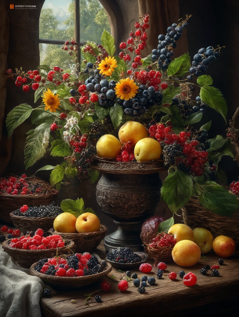 Summer still life with flowers and wild berries
