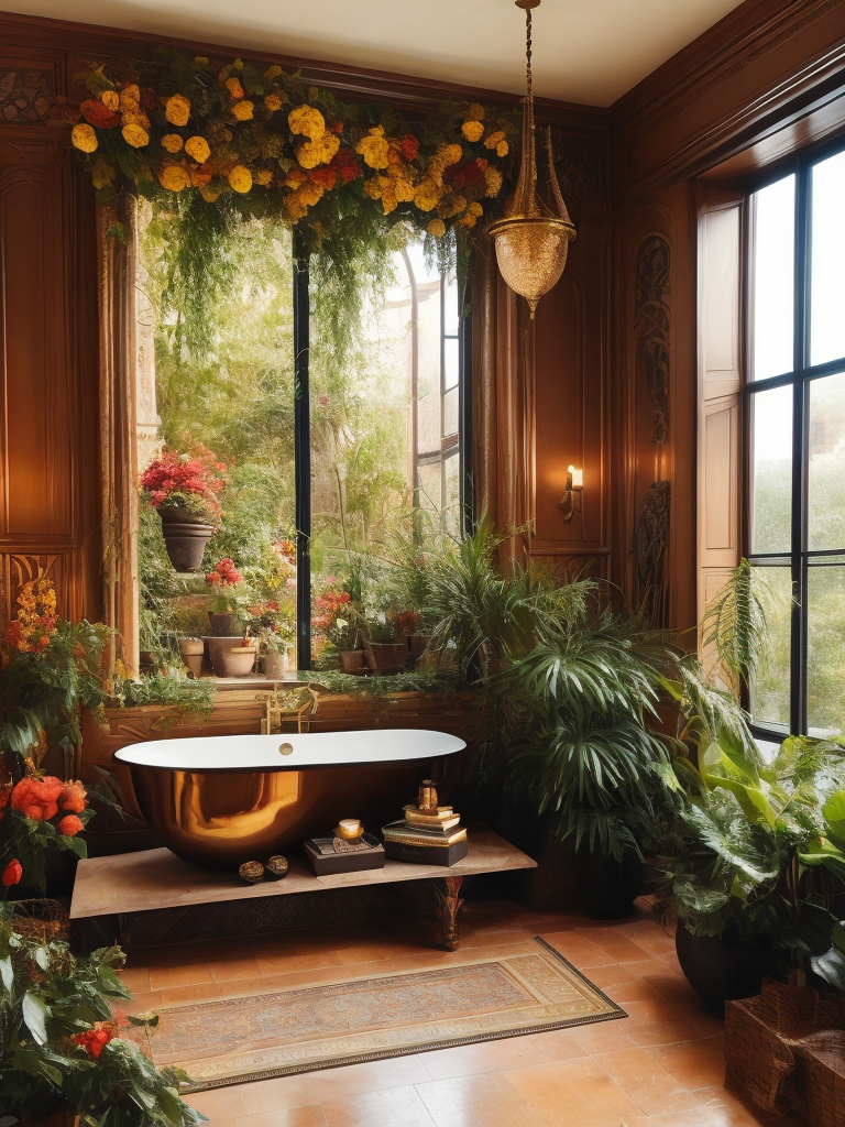 Architectural digest photo of a maximalist bathroom living room with lots of flowers and plants, golden light, award winning masterpiece with incredible details big windows, highly detailed, harper's bazaar art, fashion magazine, sharp focus