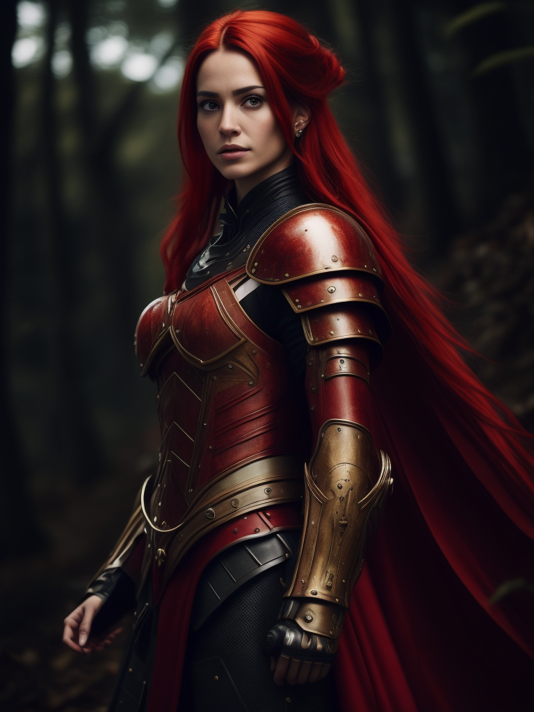 A young beautiful girl in red armor and red hair against the backdrop of a forest in red-burgundy tones, blurred background, focus on the girl, detailed armor, Dramatic Lighting, Depth of field, Incredibly high detailed