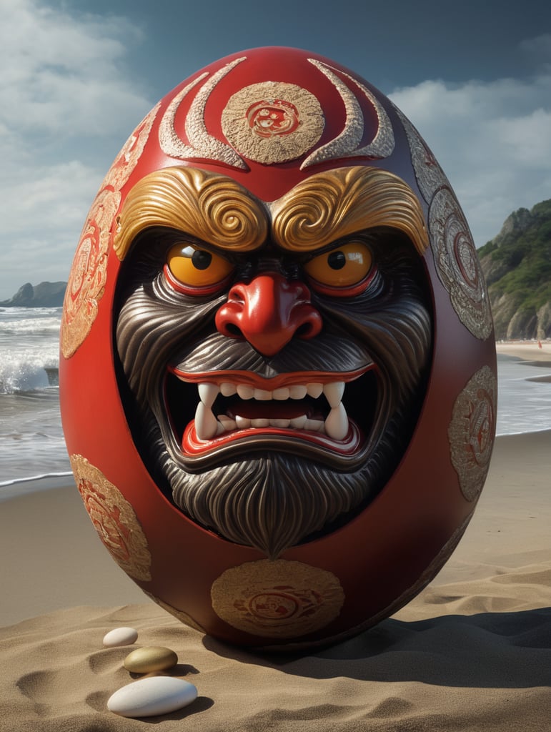 Japanese daruma figure as an egg. Situated on a beach close to the sea