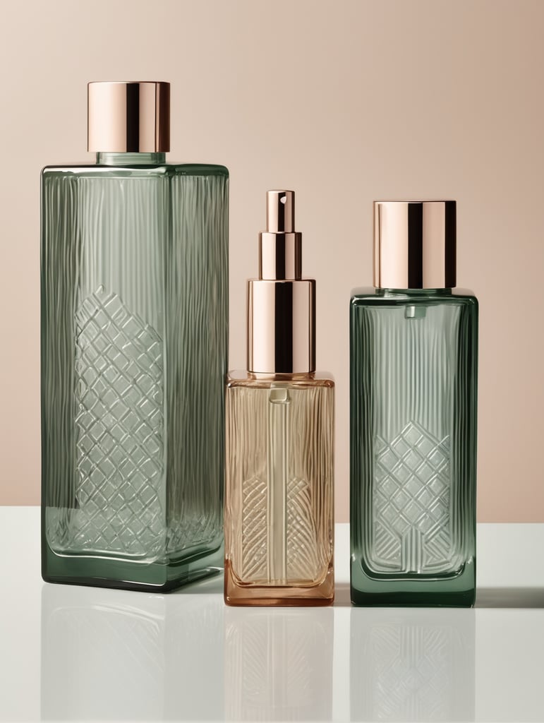 Rectangular skincare bottle with rectangular patterns in glass