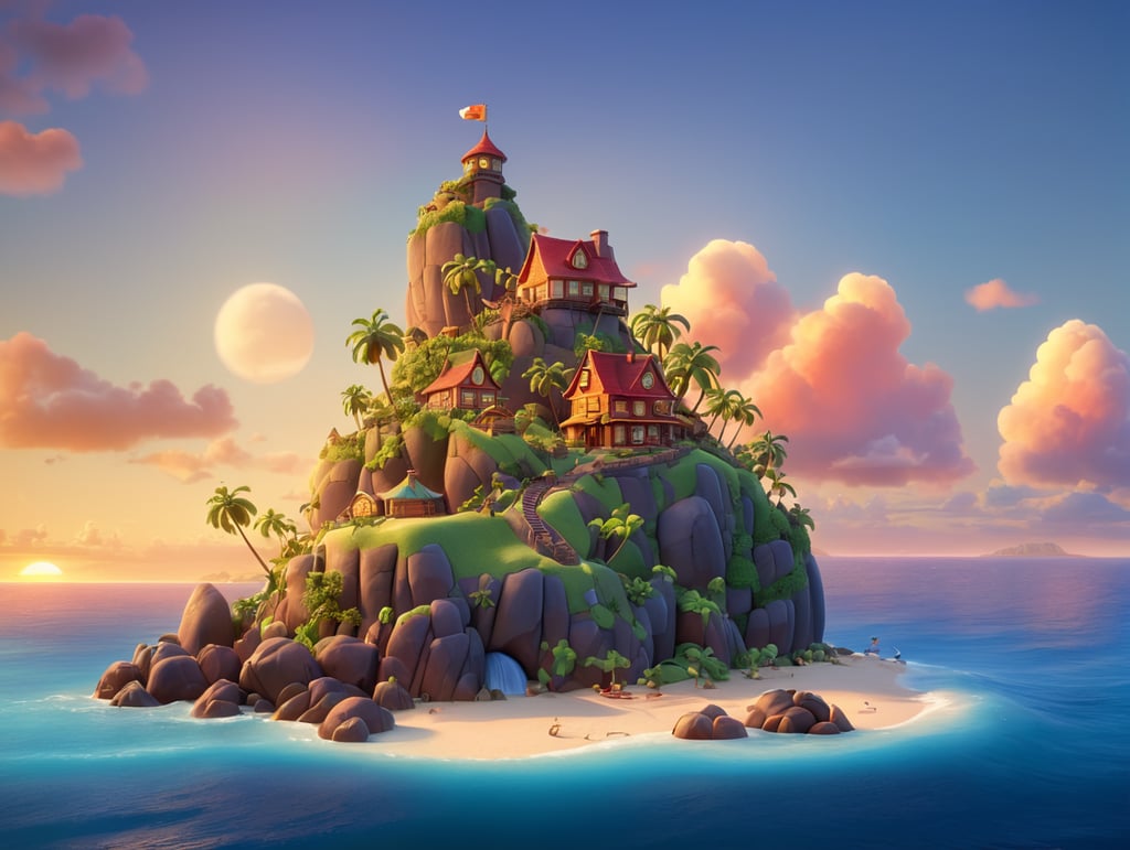 island sunset, in 3D style, rendered using beautiful Disney animation, Pixar style, Disney style,