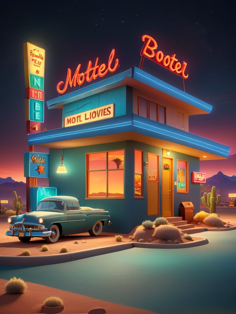 Motel located near the highway with a large neon sign, night, bright colors, contrasting shadows, deep dark atmosphere, tumbleweed, desert and mountains on the horizon, incredible details, sharp focus