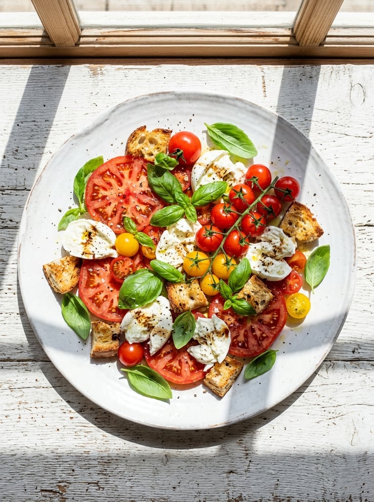 A top-down food photography shot of a vibrant salad on a large round white plate over a textured white surface. The rustic dish features thick red tomato slices, glossy cherry tomatoes on the vine, torn chunks of fresh white mozzarella, irregular pieces of toasted bread, and scattered green basil leaves. High-contrast natural sunlight casts distinct, parallel linear shadows across the arrangement. The bright, high-key lighting emphasizes the rich red, white, and green color palette.