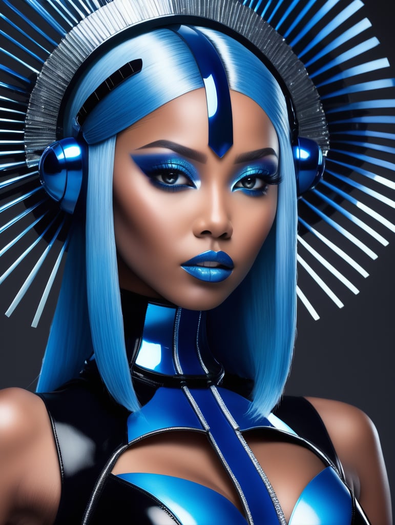 A beautiful blue haired size 9 black female pop artist all blue sleek futuristic outfit, with huge headpiece center piece, clean makeup, with depth of field, fantastical edgy and regal themed outfit, captured in vivid colors, embodying the essence of fantasy, minimalist, film grain