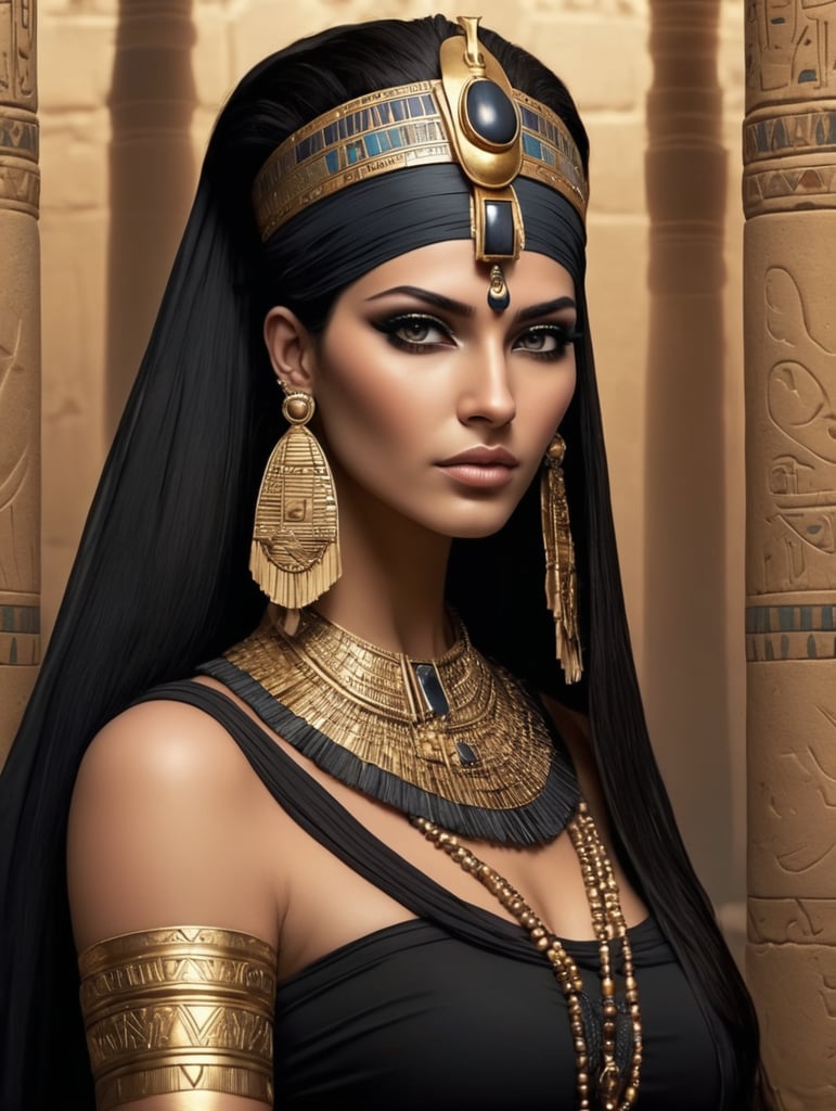 beautiful ancient egyptian queen, dark hair, dark cloth, head accessories