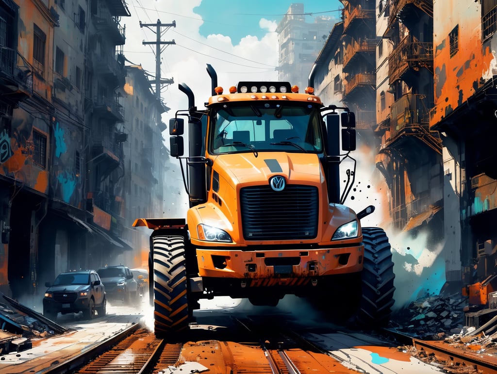 A regular size tracktor plows in a way too small planet. The tracktor blow a dense black fume